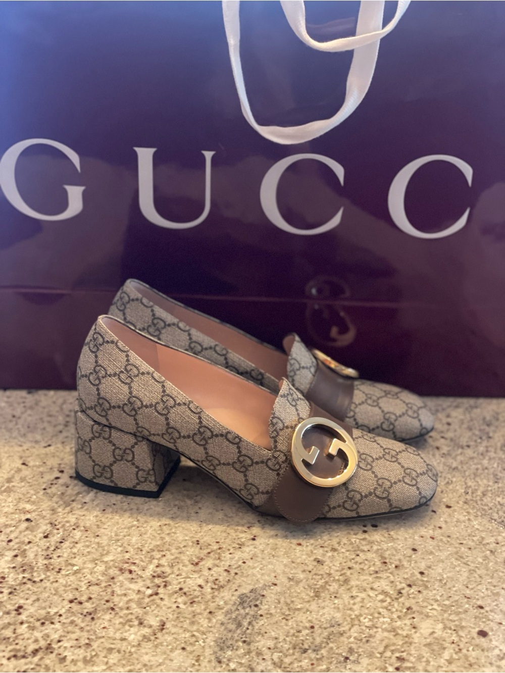 Gucci Beige GG Monogram Block Heel Loafers with Gold Emblem